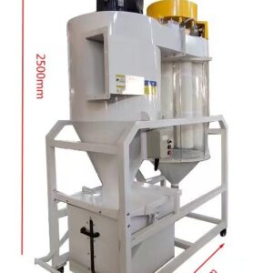 Industrial cyclone dust collector on a white steel frame, showing dimensions of 2500mm height, 1600mm length, and 850mm width, equipped with a top-mounted motor, primary cyclone chamber, secondary cartridge filter, and lower waste collection bin.
